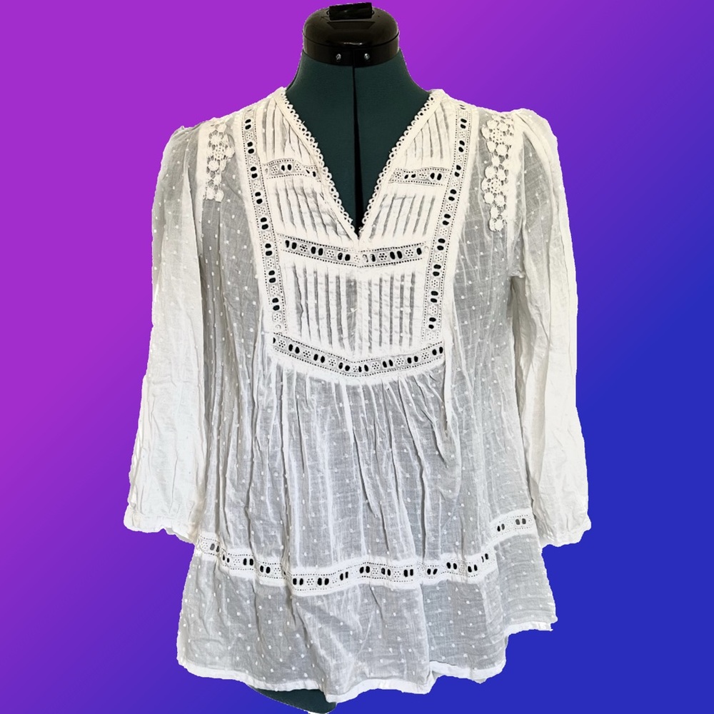 White Gauze Peasant Blouse - Size Small